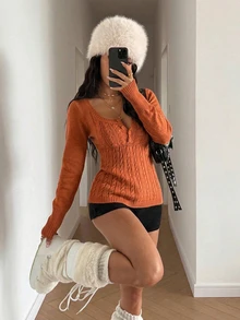 StreetHx Petite 女款素色秋冬U領鈕扣休閒長袖針織上衣 - 橘色 - 查看 3