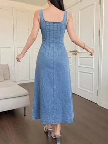 DAZY Đầm denim giặt màu trơn sát nách cổ bẻ phong cách thường ngày cho nữ mùa hè - Rửa nhẹ - Xem 4