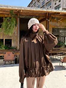 DAZY Women's Lapel Collar Hollow Out Fresh Style Ruffle Trim Thin Jacket Fall - Coffee Brown - View 3