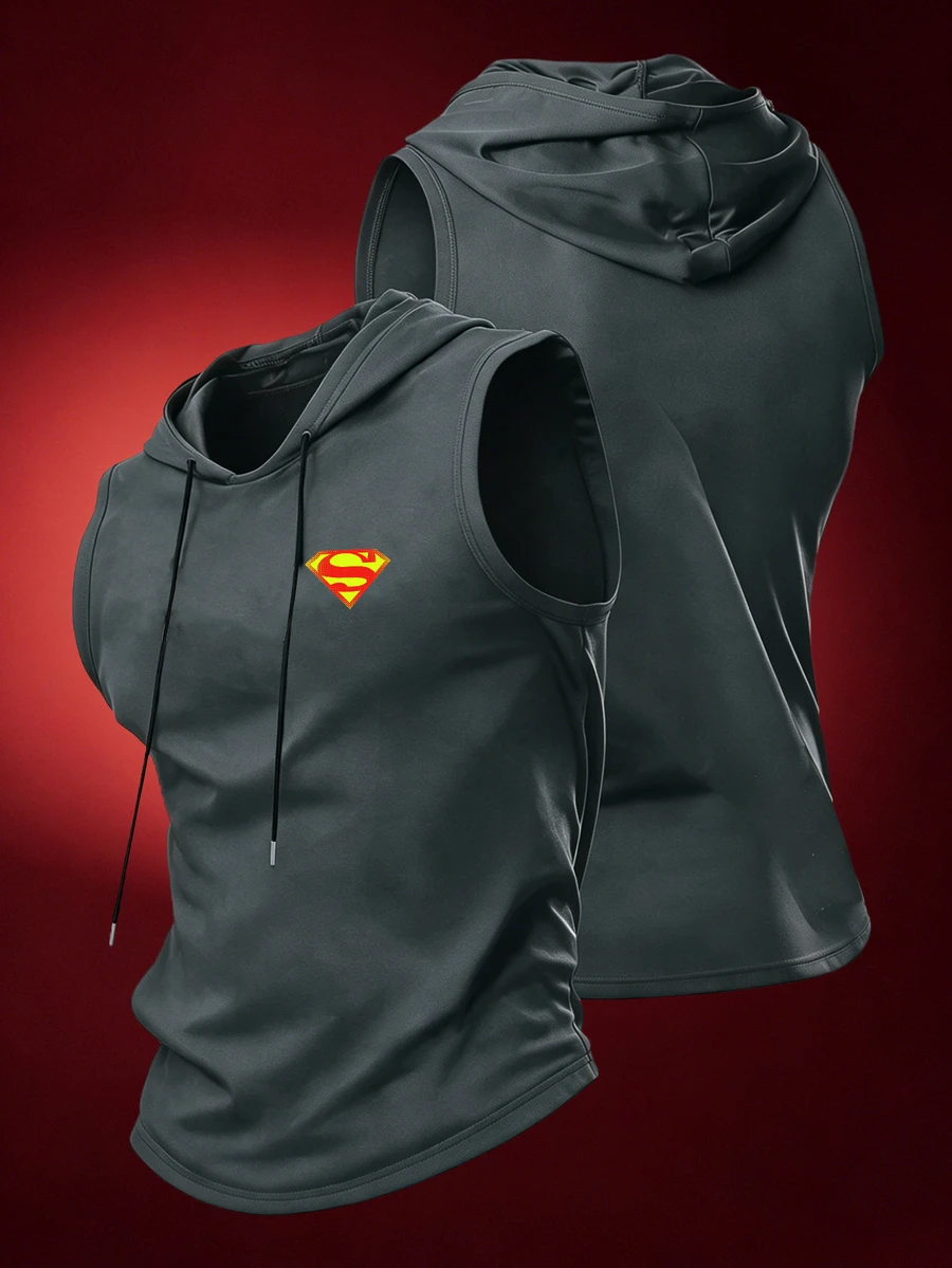 SUPERMAN X SHEIN Gym Rark Men's Letter Print Drawstring Hooded Sports Tank Top - Grey - View 1