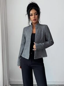 Elenzga Elegant Herringbone Black & White Women's Overcoat - Black and White - View 4