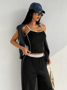 FavEase Set Olahraga Kasual Sehari-hari untuk Wanita: Atasan Camisole dan Celana Panjang dengan Kombinasi Warna - Hitam - View 4