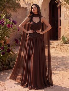 Coutiva Gaun Malam Wanita Warna Polos Berlipit Elegan yang Mempertegas Pinggang - Coffee Brown - View 4