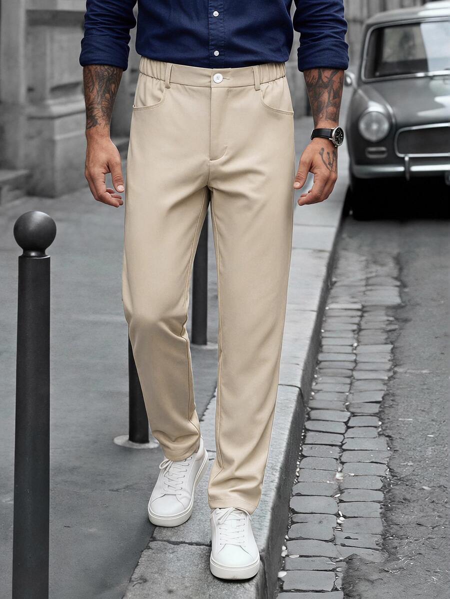 Manfinity CasualCool بنطلون طويل ضيق الساق بلون موحد كاجوال للرجال الناضجين، خيار مثالي كهدية للعطلات - لون مشمشي - مشاهدة 1