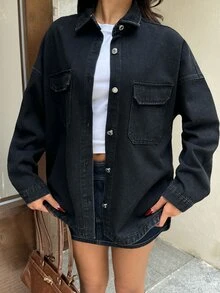 Rivivi 女款單排扣休閒牛仔夾克，適合日常穿著 - 黑色 - 查看 4