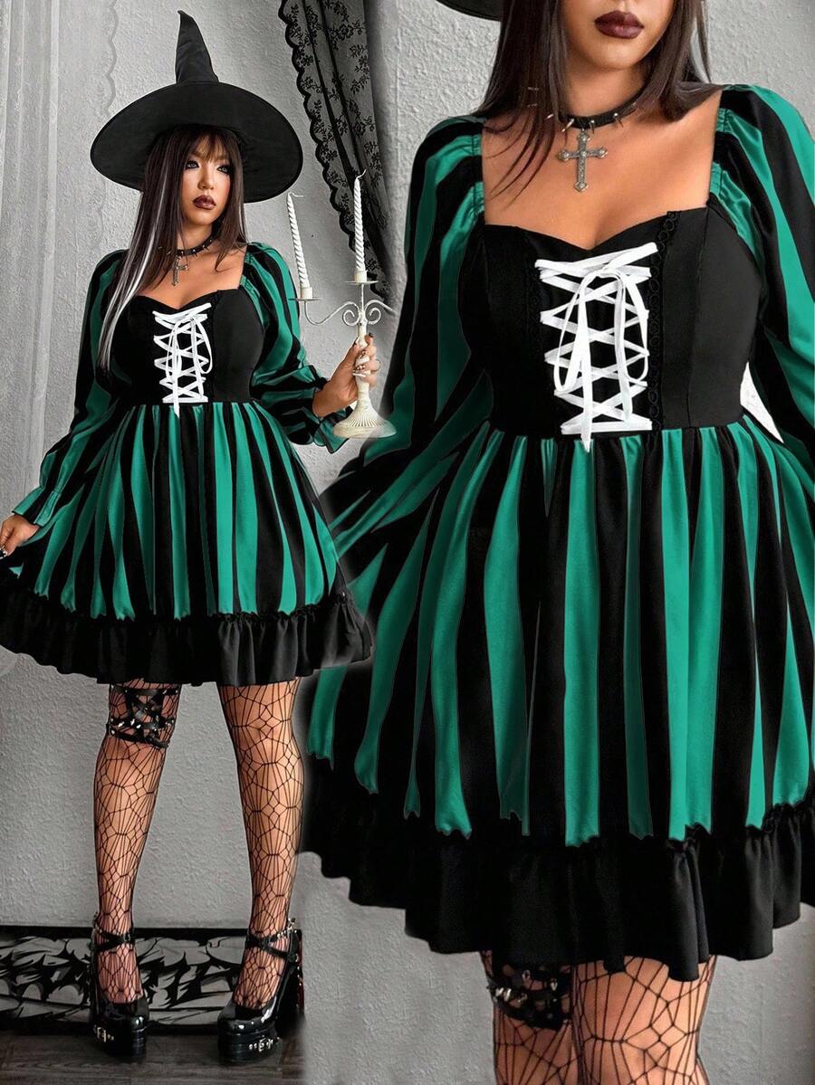 Whyspr 新款時尚哥德式暗黑風萬聖節 Cosplay 黑白條紋元素網格裝飾繫帶設計長袖泡泡袖迷你洋裝蝴蝶結 - 綠色 - 查看 1
