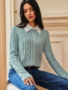 SHEIN Women's Autumn/Winter Patchwork Rhinestone Lapel Long Sleeve Casual Sweater - Limelight Green - View 4