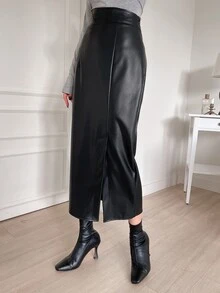 Dazy Tall Women's Long Straight PU Leather Skirt Elegant Skirt - Black - View 5