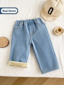 SHEIN Playful Pals Baby Boy Elastic Waist Thermal Line Denim Jeans - Light Wash - View 5