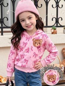 Elladie kids 女童休閒蝴蝶結熊圖案連帽拉鍊運動外套，甜美休閒上衣 - 粉色 - 查看 4