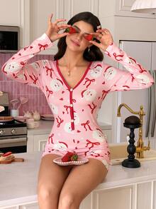 SweetSlumber Sweet Cute Santa Claus Christmas Print Women's Pajama Jumpsuit - Multicolor - View 5