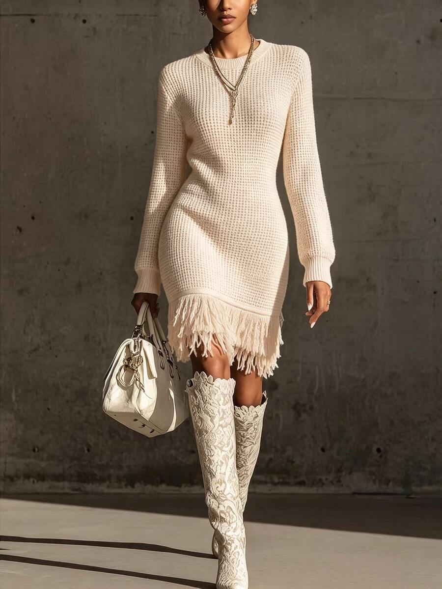 LUMIGAL Women's Fitted Short Waffle Knit Sweater Dress With Round Neck, Long Sleeves, Ribbed Cuffs And Hem, Tassel Trim, Bodycon Bodycon Design - Apricot - View 1