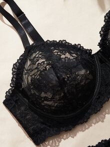 Charlaine Plus Size Lace Sheer Sexy Bra And Panty Set - Black - View 3