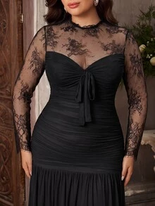 Aureia Plus Size Elegant Luxury French Embroidery Lace Round Neck Long Sleeve V-Neck Built-In Fishbone Bodycon Flared Hem Evening Dress For Women New Year - Black - View 9