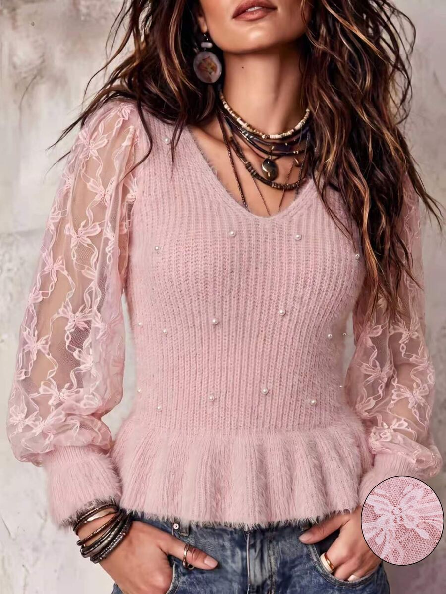 SHEIN ملابس علوية نسائية كاجوال يومية من الصوف المحبوك مع تطريز دانتيل - وردي - مشاهدة 1