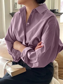 Dazy Plus Plus Size Women's Solid Color Casual Versatile Daily Wear Shirt Fall - Purple - View 1