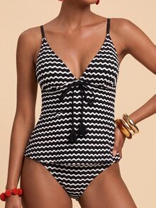 Travachic Women's Summer Beach Striped Sexy Tankini & Triangle Tankini Bottom Two-Piece Swimsuit Set - Black and White - View 5