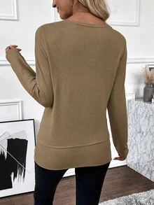 SHEIN Clasi 女款純色休閒百搭日常穿著長袖運動衫 - 棕色 - 查看 2