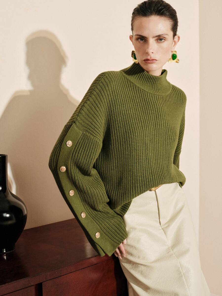 Arave Sweater Kasual Wanita Bahan Akrilik, Potongan Longgar, Lengan Samping, Desain Kancing - Hijau Tentara - View 1