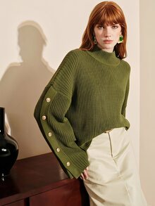 Arave Sweater Kasual Wanita Bahan Akrilik, Potongan Longgar, Lengan Samping, Desain Kancing - Hijau Tentara - View 10
