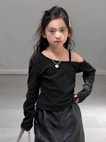DAZY Tween Girl Polka Dot Print Asymmetric Collar Long Sleeve T-Shirt - Black - View 4