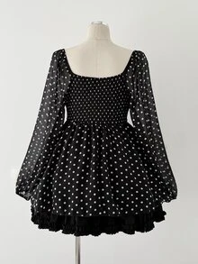 Sunspun Plus Size Polka Dot Ruffle Waist Blouse Sexy V-Neck Sheer Chiffon Lantern Sleeve Shirt - Black - View 2