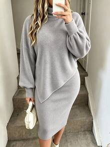 Weeklong Plus Size Women's Oatmeal Ribbed Knit Two Pieces Set, High Neck Lantern Sleeve Asymmetrical Cover Up + Bodycon Skirt, Soft Style, Date Night, Party, Daily Commute Outfit - Grey - View 1