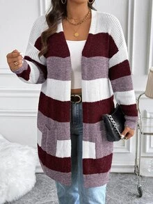Vionelle Cardigan Kasual Wanita Ukuran Plus dengan Motif Blok Warna untuk Pemakaian Sehari-hari - MultiWarna - View 3