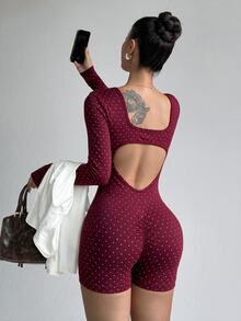 Slayform Women's Polka Dot Backless Casual Daily Outdoor Sports Romper - Burgundy - View 4