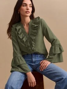 CielaLinda 女款橄欖綠荷葉邊波希米亞風襯衫，柔美長袖上衣 - 軍綠色 - 查看 5