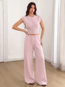 SHEIN Tall 女款卡其色單排扣短袖針織上衣與長褲2件套，適合夏季度假與機場穿搭 - 粉色 - 查看 5