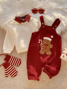 SHEIN 2pcs Baby Boy Autumn/Winter Plaid Shirt Collar Pullover Sweatshirt & Overalls Set, Sweatshirt Set, Overalls Set, Christmas Set, Red Set, Infant Set, Cute Set - Multicolor - View 1