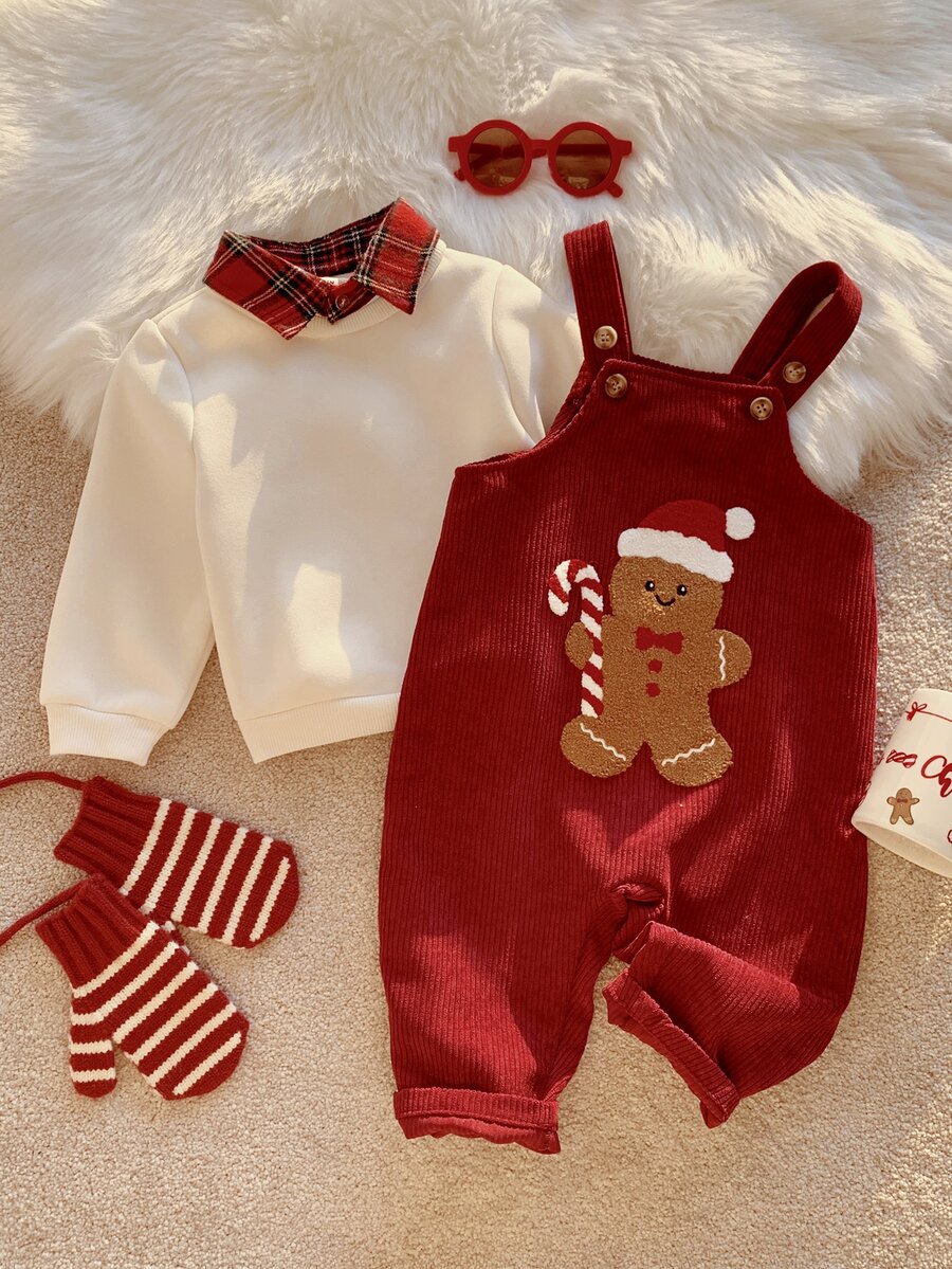 SHEIN 2pcs Baby Boy Autumn/Winter Plaid Shirt Collar Pullover Sweatshirt & Overalls Set, Sweatshirt Set, Overalls Set, Christmas Set, Red Set, Infant Set, Cute Set - Multicolor - View 1