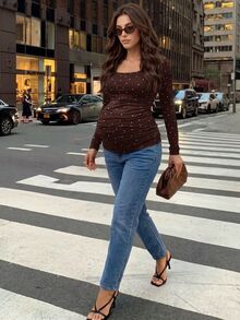 MaterniWear Maternity Polka Dot Print Square Neck Long Sleeve Ruched T-Shirt - Brown - View 3