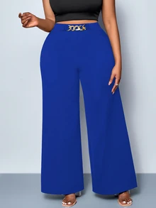 SHEIN CURVE+ Celana Wanita Plus Size Warna Polos dengan Detail Sabuk Kaki Lebar, Celana, Cocok untuk Semua Musim, Cocok untuk Pesta, Konser, Gaya Harian Komuter, Festival Musik, Romansa, Hari Valentine, Liburan - Royal Blue - View 4