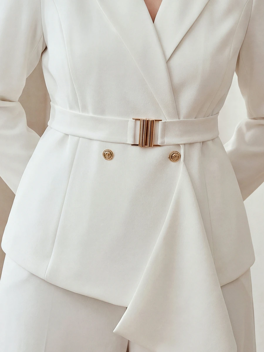 MOTF PREMIUM PLUS SIZE WOMEN'S ASYMMETRIC PLACKET MINIMALIST PROFESSIONAL BLAZER, DETACHABLE BELT - White - View 2