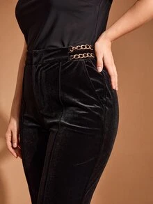 MOTF PREMIUM PLUS SIZE WOMEN'S ELEGANT AUTUMN/WINTER VELVET PANTS WITH POCKETS AND METAL DECORATION - Black - View 1