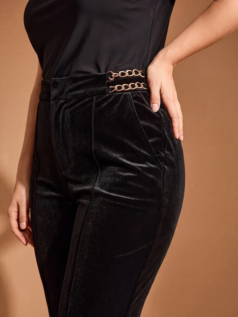 MOTF PREMIUM PLUS SIZE WOMEN'S ELEGANT AUTUMN/WINTER VELVET PANTS WITH POCKETS AND METAL DECORATION - Black - View 1