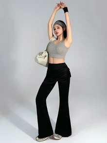 Dazy Tall Women's Fitted Casual 2 In 1 Flare Leg Long Pants - Black - View 6