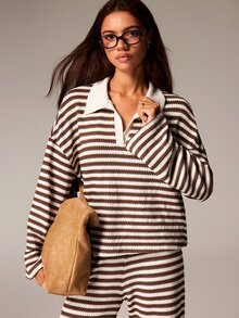 Athîral Women's Striped Drop Shoulder Long Sleeve T-Shirt And Pants Casual 2 Pieces Set - Multicolor - View 6