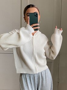 DAZY Solid Color Fitted Short Hooded Long Sleeve Casual Street Vacation Spring Autumn Zip Up Knit Cardigan For Women - Apricot - View 4
