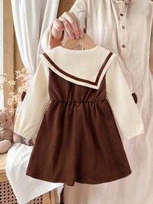 SHEIN Baby Girl Colorblock Thick Corduroy Fabric Asymmetrical Collar With Bow Decor, Cinched Waist And Elastic Cuffs, Vintage Long Autumn Dress For Winter - Brown - View 2