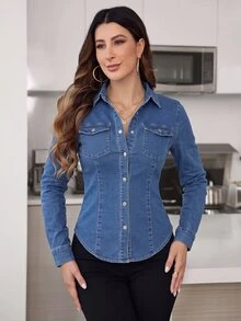 SHEIN Privé 女款時尚鈕扣長袖牛仔修身襯衫 - 中等水洗藍 - 查看 6