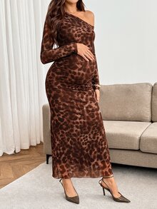 SHEIN فستان حمل بكتف غير متماثل وطبعة نمر وأكمام طويلة وفتحة جانبية عند الحافة - بني - مشاهدة 6