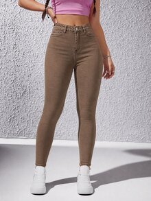 SHEIN ICON 女款修身休閒百搭牛仔褲，附口袋 - 棕色 - 查看 1