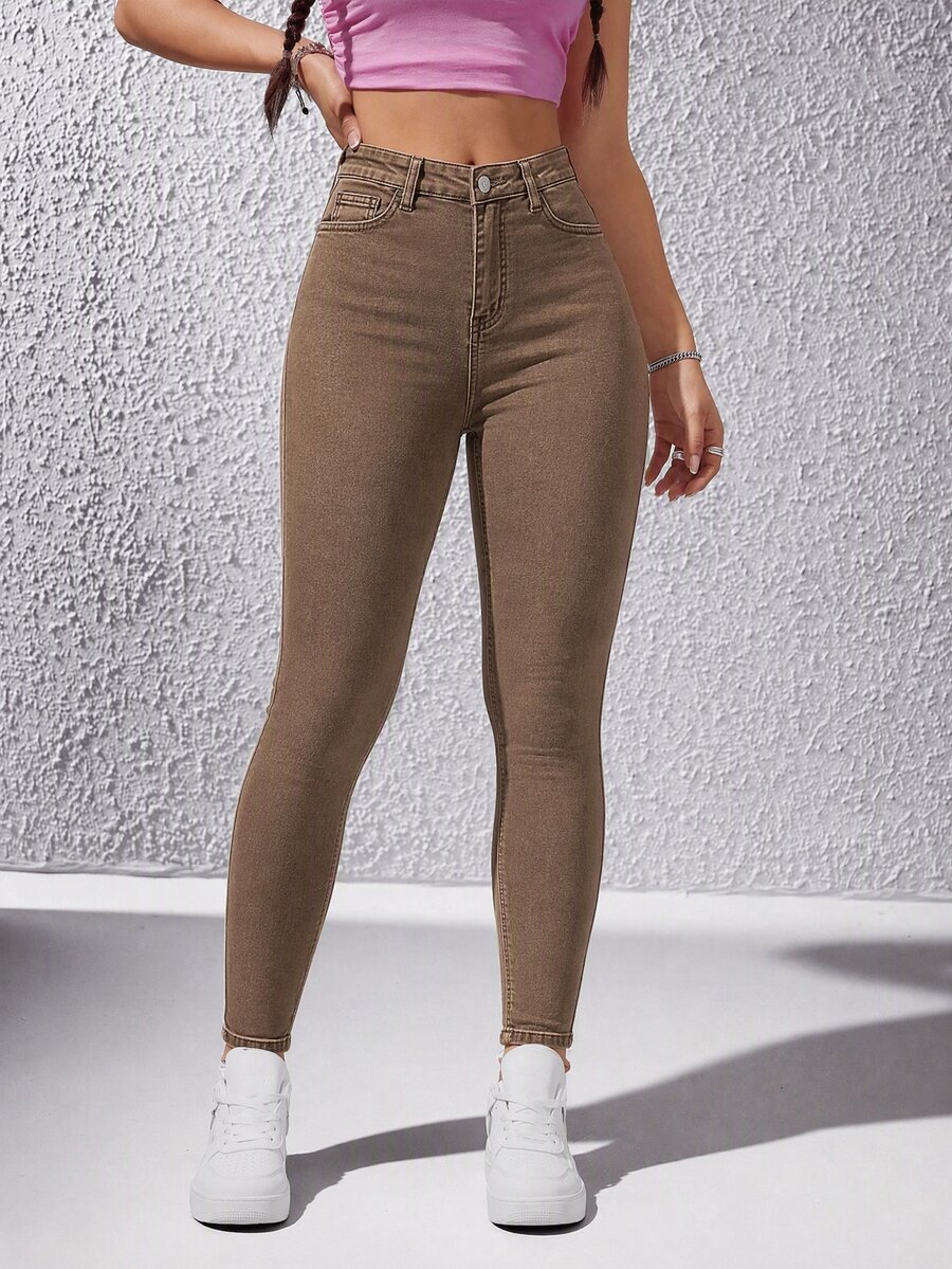 SHEIN ICON 女款修身休閒百搭牛仔褲,附口袋 - 棕色 - 查看 1