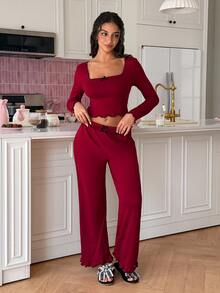 SweetSlumber طقم بيجامة نسائي محبوك بأكمام طويلة وبنطال بتصميم حلو وحار - عنابي اللون - مشاهدة 3