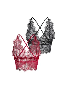 AltBold Black & Red Wire-Free French Lace Women's Backless Bra Set, 2pcs - Multicolor - View 2