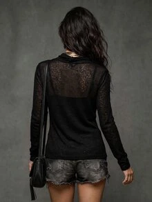 LUMIGAL Women's Black Knit Cowl Neck Top, Casual Commute Style For Spring & Autumn - Black - View 2