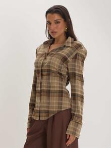 MUSEYN Checked Shoulder Pads Back Cinch Detail Shirts Versatile Everyday Casual Fall - Multicolor - View 3